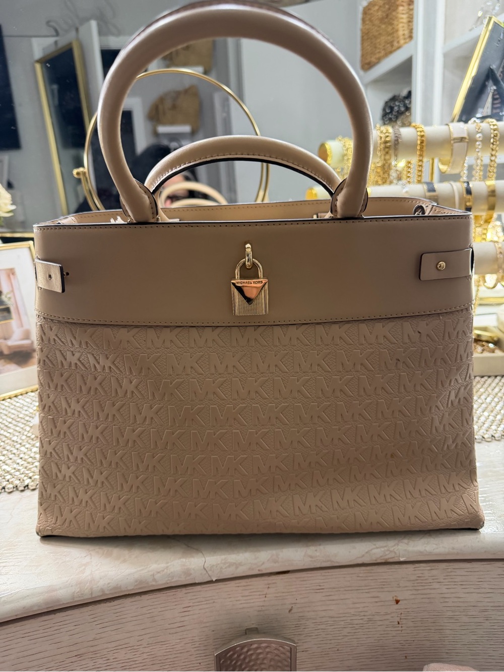 Michael Kors Taupe Embossed MK Satchel with Gold Accents